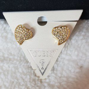 NWT Guess Gold tone and Clear Rhinestone Heart Pierced Earrings